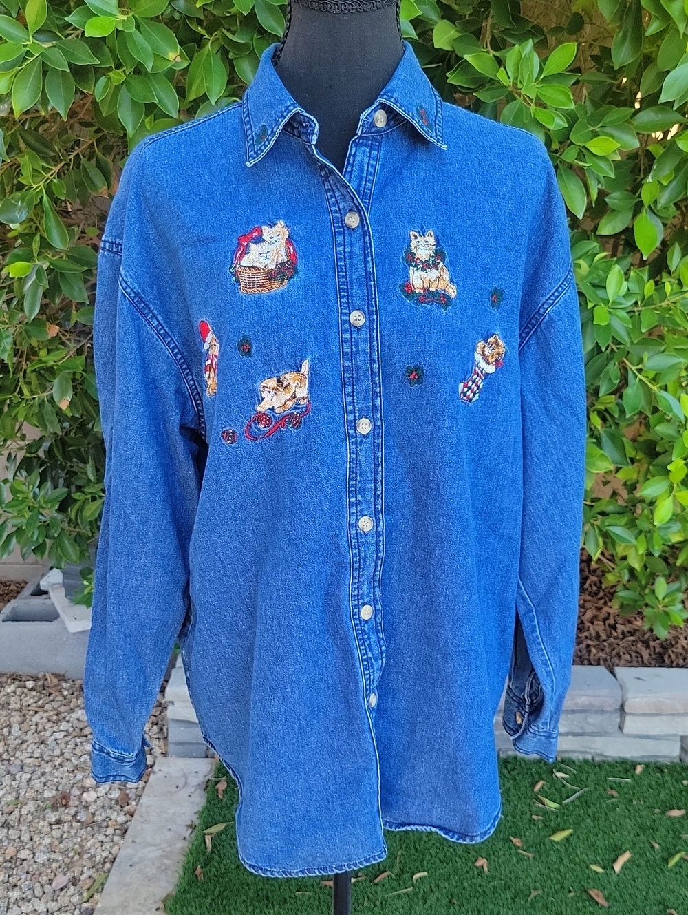 Solutions Festive Cat Embroidered Denim Button Down Shirt
